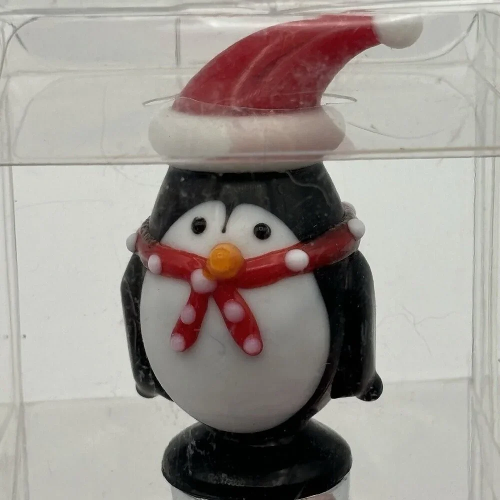 Pier 1 Imports Art Glass Penguin Wine Bottle Stopper Christmas Holiday Santa Hat